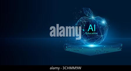 KI-Bildungskonzept abstrakter Technologiehintergrund - digitaler KI-Apfel auf einem Buch als Symbol des Wissens. Toll für Back-to-School-Konzept - Rundkurs Stock Vektor