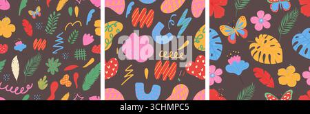 Handgezeichnetes nahtloses Musterset. Kollektion mit organischen Formen, Blumen und Doodle-Elementen. Trendige, moderne Hintergründe Stock Vektor