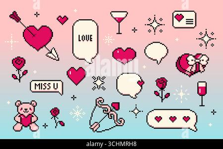 Niedliches 8-Bit-Set mit Pixel-Retro-Ikonen für romantisches Design, rote Herzen, Sprechblase mit Liebe, Bogen, Pfeil, Rose und Weinglas. Umschlag und Teddybär-Element, Dating-Spiel oder Grußkarte Stock Vektor
