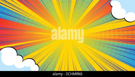Anime-Comic mit Regenbogenstrahlen und weißen Wolken für explosiven Manga-Hintergrund. Leuchtend gelbes Zentrum mit Geschwindigkeitslinien nach außen. Motion-Effekt im Pop-Art-Stil für Actionszenen oder Superheldenfelder. Stock Vektor
