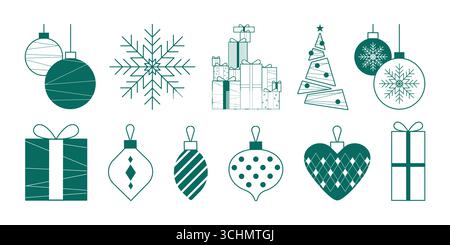 Minimalistisches Weihnachtskartendesign mit grünen Schneeflockenmustern, Ornamenten und Geschenkboxen für Weihnachtsgrüße. Klare geometrische Kugeln, Geschenke und Baumsilhouette. Festliche Winterdekoration. Stock Vektor