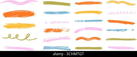 Kreide und Buntstift unterstreichen die Kollektion. Kritzelnde, wirbelnde und gerade Hervorhebungsstriche. Handgezeichnetes Vektor-Set. Stock Vektor