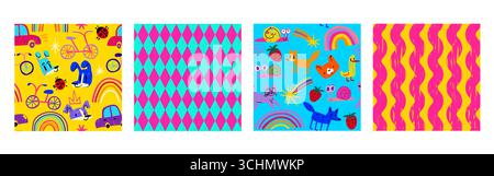 Kinder-Regenbogenschule nahtlose Muster mit Fahrrädern und Autos, Tiere auf gelbem und blauem Hintergrund mit geometrischen Mustern. Helle kindliche Motive für Textilien oder Tapeten. Spielerische, sich wiederholende Elemente Stock Vektor