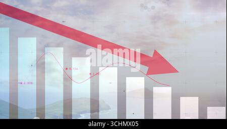 Balkendiagramm, das bewölktes Meer überlagert, mit rotem absteigenden Pfeil, gekrümmtem Liniendiagramm und Beschriftungen Stockfoto