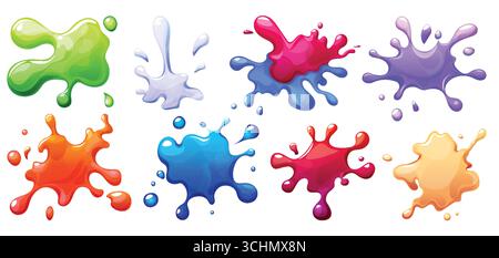 Slime Blot-Kollektion mit glänzenden Flüssigspritzern und Tropfen für Spielelemente oder kreatives Design. Unregelmäßige Formen mit glatten Oberflächen und verstreuten Tropfen. Abstrakte Farbspritzer für digitale Kunst. Stock Vektor
