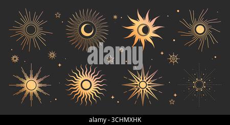 Himmlischer Boho mit goldenen Sonnenmotiven und Mondsicheln auf dunklem Hintergrund für mystische oder astrologische Projekte. Strahlende Strahlen mit Sternen und kosmischen Elementen. Dekorative spirituelle Symbole. Stock Vektor