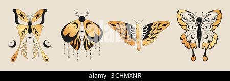 Mystische Boho-Schmetterlingskollektion mit Mondphasen und himmlischen Elementen für spirituelle Kunstwerke. Goldene Falter mit sichelförmigen Symbolen, Sternen und kunstvollen Flügelmustern im Bohème-Stil. Stock Vektor