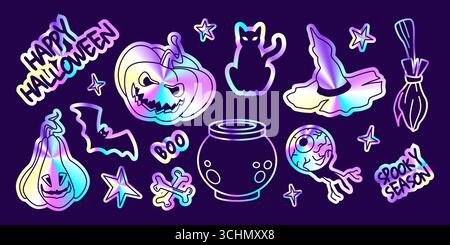 Holografische Halloween Sticker Kollektion mit irisierenden Kürbis-, Geist- und Katzensilhouette, Hexenhut, Kristallauge und gruseligen Besen. Verlaufende Neonelemente für Dekorationen oder digitale Designs. Stock Vektor