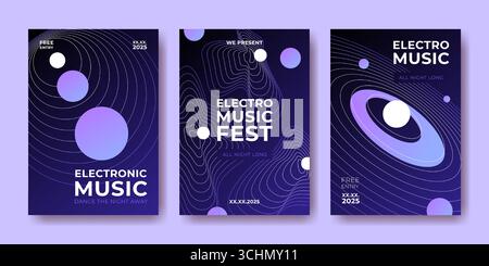 Poster für Elektromusik mit violetten Kreisen mit Farbverlauf, welligen Linien und Mustern auf dunklem Hintergrund. Moderne Festivalflyer für elektronische Veranstaltungen, Nachtclub-Aktionen oder Werbung für Tanzpartys. Stock Vektor