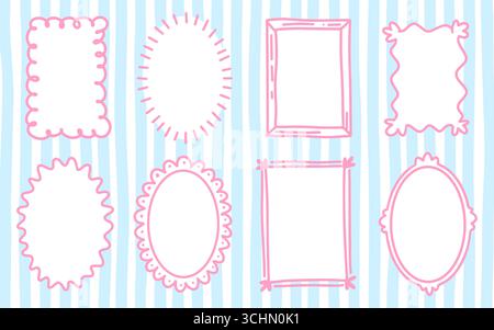 Coquette Girly Frames Set. Handgezeichnete pinkfarbene Borten für Hochzeitseinladungen, skurrile Rahmen für Geburtstagskarte, knackige und wellige Borten. Minimalistische Strichkunst auf blauem gestreiftem Hintergrund. Stock Vektor