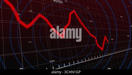 Zeigt ein rotes gezacktes Liniendiagramm, das durch das Raster auf der Digitalanzeige schneidet, numerische Beschriftungen und blaue Kreise Stockfoto