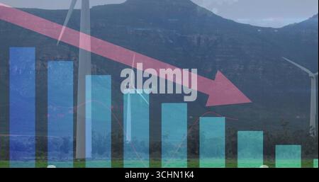 Mit blauen Balken und rotem Pfeil, der über eine grasbewachsene Windfarm fällt, mit weißen Turbinen und Bergen Stockfoto