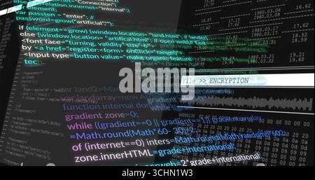 Anzeige des Bildschirms mit Codeausschnitten, HTML-Tags, Hexadezimalüberlagerung auf dem Desktop mit Verschlüsselungsbeschriftung Stockfoto