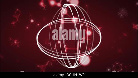 Leuchtende Kugel mit sich kreuzenden weißen Ringen gegen roten Verlauf, mit Kugeln, Netzwerkmustern Stockfoto