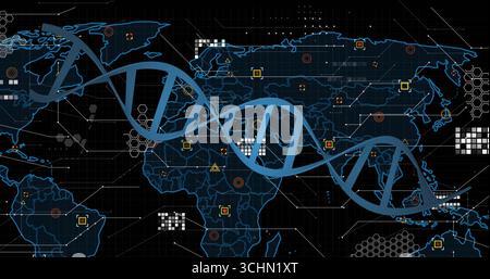 Anzeige blauer DNA-Doppelhelix, die sich über die Schnittstelle erstreckt, mit Kartenumrissen und Neon-Datenmarkierungen Stockfoto