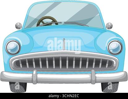 Vektorillustration eines blauen Retro-Autos, Frontperspektive, klare Linien, minimale Schattierung, weißer Hintergrund Stock Vektor