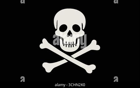 Weißer Schädel und gekreuzte Knochen auf schwarzem Hintergrund, flacher Vektor-Stil, auffällige kontrastreiche Komposition Stock Vektor