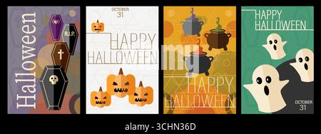 Geometrischer minimalistischer Halloween-Hintergrund. Happy Halloween Set. Posterschablone mit Kürbissen, Geistern, Skeletten. Trendige Urlaubsflyer für Deckung, Verbot Stock Vektor