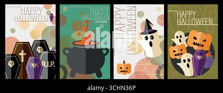 Geometrischer minimalistischer Halloween-Hintergrund. Happy Halloween Set. Posterschablone mit Kürbissen, Geistern, Skeletten. Trendige Urlaubsflyer für Deckung, Verbot Stock Vektor