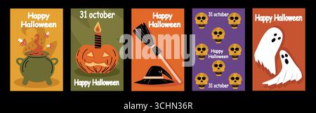 Geometrischer minimalistischer Halloween-Hintergrund. Happy Halloween Set. Posterschablone mit Kürbissen, Geistern, Skeletten. Trendige Urlaubsflyer für Deckung, Verbot Stock Vektor