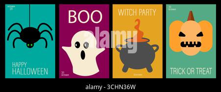 Geometrischer minimalistischer Halloween-Hintergrund. Happy Halloween Set. Posterschablone mit Kürbissen, Geistern, Skeletten. Trendige Urlaubsflyer für Deckung, Verbot Stock Vektor