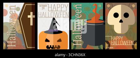 Geometrischer minimalistischer Halloween-Hintergrund. Happy Halloween Set. Posterschablone mit Kürbissen, Geistern, Skeletten. Trendige Urlaubsflyer für Deckung, Verbot Stock Vektor