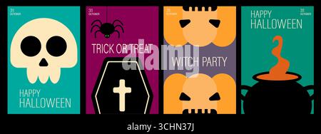 Geometrischer minimalistischer Halloween-Hintergrund. Happy Halloween Set. Posterschablone mit Kürbissen, Geistern, Skeletten. Trendige Urlaubsflyer für Deckung, Verbot Stock Vektor