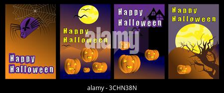 Geometrischer minimalistischer Halloween-Hintergrund. Happy Halloween Set. Posterschablone mit Kürbissen, Geistern, Skeletten. Trendige Urlaubsflyer für Deckung, Verbot Stock Vektor