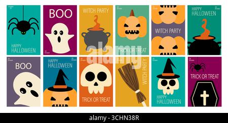 Geometrischer minimalistischer Halloween-Hintergrund. Happy Halloween Set. Posterschablone mit Kürbissen, Geistern, Skeletten. Trendige Urlaubsflyer für Deckung, Verbot Stock Vektor