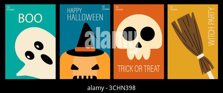 Geometrischer minimalistischer Halloween-Hintergrund. Happy Halloween Set. Posterschablone mit Kürbissen, Geistern, Skeletten. Trendige Urlaubsflyer für Deckung, Verbot Stock Vektor
