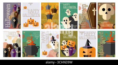 Geometrischer minimalistischer Halloween-Hintergrund. Happy Halloween Set. Posterschablone mit Kürbissen, Geistern, Skeletten. Trendige Urlaubsflyer für Deckung, Verbot Stock Vektor
