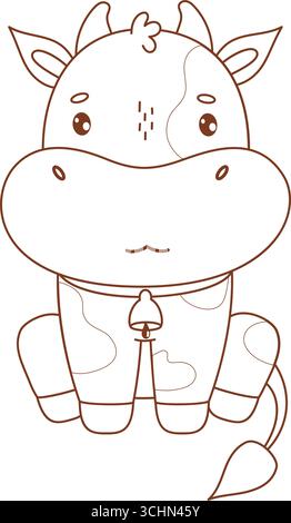 Entdecke die süße kleine sitzende Cartoon Kuh mit Glocke. Entzückendes, glückliches Kawaii-Tier. Linienzeichnung, Malbuch. Vektorabbildung. Kinderkollektion. Nein Stock Vektor