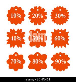 Satz Aufkleber Verkaufsabzeichen, Preisschild, Handelsetiketten. Sonderangebot Designelemente. Verschiedene Preise mit Rabatten von 10, 20, 30, 40, 50, 60, 70, 80, Stock Vektor