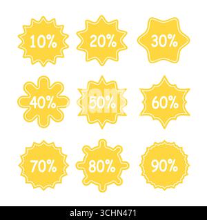 Satz Aufkleber Verkaufsabzeichen, Preisschild, Handelsetiketten. Sonderangebot Designelemente. Verschiedene Preise mit Rabatten von 10, 20, 30, 40, 50, 60, 70, 80, Stock Vektor
