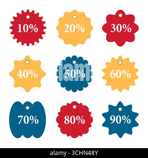 Satz Aufkleber Verkaufsabzeichen, Preisschild, Handelsetiketten. Sonderangebot Designelemente. Verschiedene Preise mit Rabatten von 10, 20, 30, 40, 50, 60, 70, 80, Stock Vektor
