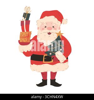 Fröhliche Weihnachtsmann-Figur in rotem festlichem Outfit mit weißem Pelzbesatz, Geschenke und einem verzierten Weihnachtsbaum. Süßer und fröhlicher Winterurlaub Stock Vektor
