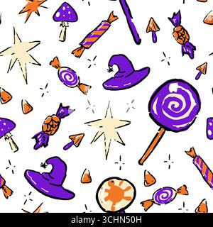 Helles und lustiges Halloween-Muster mit Süßigkeiten, Hexenhüten, magischen Sternen und Pilzen in lila, orange und cremefarbenen Farben. Illustration im Doodle-Stil Stock Vektor