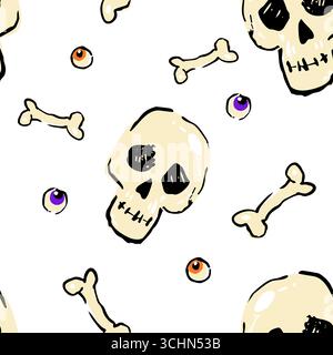 Lustiges, handgezeichnetes Halloween-Muster mit Schädeln, Knochen und Augäpfeln auf weißem Hintergrund. Verspielte und gruselige Elemente im Doodle-Stil. Toll für Kinder Stock Vektor