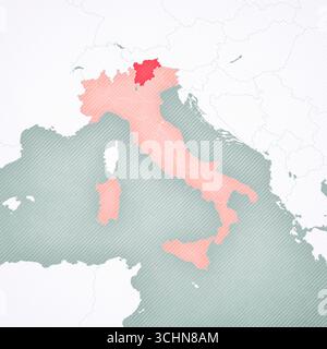 Trentino-Südtirol auf der Karte von Italien mit weich gestreiftem Vintage-Hintergrund. Stockfoto