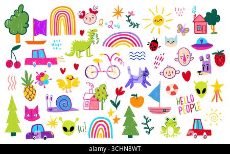 Kinder-Regenbogen-Schulkritzelset mit bunten Tieren und Autos, Bäumen, Sonne und verspielten Figuren für Kinder. Helle handgezeichnete Elemente. Kindliches Aufkleberset für Kinderzimmer oder Unterrichtsmaterialien. Stock Vektor