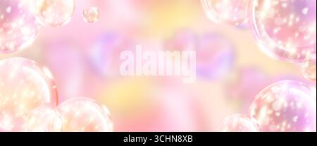 Funkelnder Hintergrund mit pastellrosa Farbverlauf und durchscheinenden Seifenkugeln für traumhafte Designs. Sanfte Bokeh-Lichter und schillernde Kugeln. Zarter Glüffekt für Schönheits- oder Festmotive. Stock Vektor