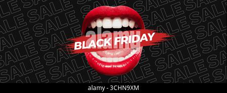 Collage mit auffälligen Lippen und lebendiger Typografie für die Werbeaktion „Black Friday“. Vektorabbildung Stock Vektor