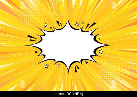 Gelber Comic-Hintergrund. Comic-Explosion Hintergrund mit leerer Sprechblase. Explosionsdesign mit Platz für Text Stock Vektor