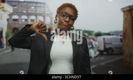 Junge afroamerikanische Frau mit Daumen nach unten im Freien vor dem römischen kolosseum; Ablehnung. Stockfoto