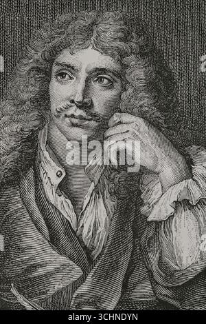 Molière (Jean-Baptiste Poquelin) (1622-1673). Französischer Dramatiker, Schauspieler und Dichter. Hochformat. Stich von Huyot nach einem Gemälde von Charles-Antoine Coypel (1694-1752), Stich von Lépicié. Details. XVIIme siècle: lettres, Sciences et Arts, Frankreich 1590-1700 (17. Jahrhundert: Briefe, Wissenschaften und Künste), von Paul Lacroix. Veröffentlicht in Paris von Librairie de Firmin-Didot et Cie, 1882. Stockfoto