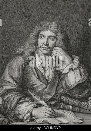 Molière (Jean-Baptiste Poquelin) (1622-1673). Französischer Dramatiker, Schauspieler und Dichter. Hochformat. Stich von Huyot nach einem Gemälde von Charles-Antoine Coypel (1694-1752), Stich von Lépicié. XVIIme siècle: lettres, Sciences et Arts, Frankreich 1590-1700 (17. Jahrhundert: Briefe, Wissenschaften und Künste), von Paul Lacroix. Veröffentlicht in Paris von Librairie de Firmin-Didot et Cie, 1882. Stockfoto