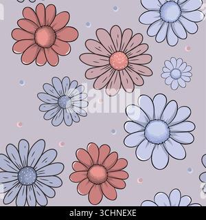 Niedliche Gänseblümchenblümchen nahtloses Muster, handgezeichnete Blumen mit bunten Polka Dots Stock Vektor
