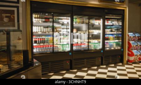 Verschwommene Innenausstattung des Lebensmittelgeschäfts mit Getränkekühlschränken und dezenter Beleuchtung sorgt für einen unscharfen Bokeh-Effekt und bietet eine große Auswahl an Getränken Stockfoto