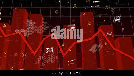 Rotes 3D-Balkendiagramm mit schwankendem Schwankungen im Analyse-Dashboard mit gezackter Linie Stockfoto