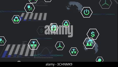 Grüne sechseckige Symbole für nachhaltige Energie auf dem Armaturenbrett mit Diagrammen im Glitch-Stil Stockfoto